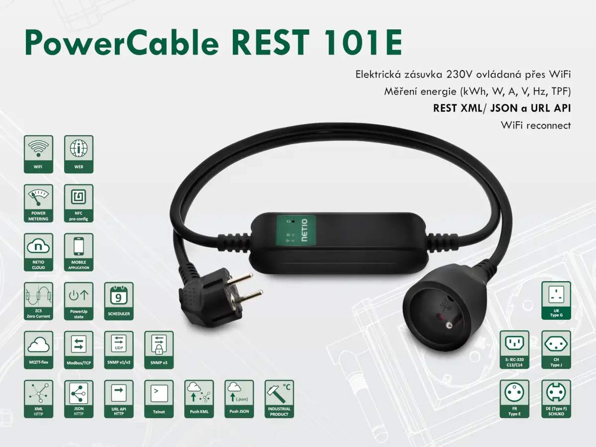 NETIO PowerCable REST 101E - Chytrá zásuvka s měřením spotřeby
